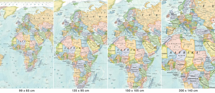 Regio maailma poliitiline kaart: info suuruse võrdlus nelja erineva mõõdu puhul